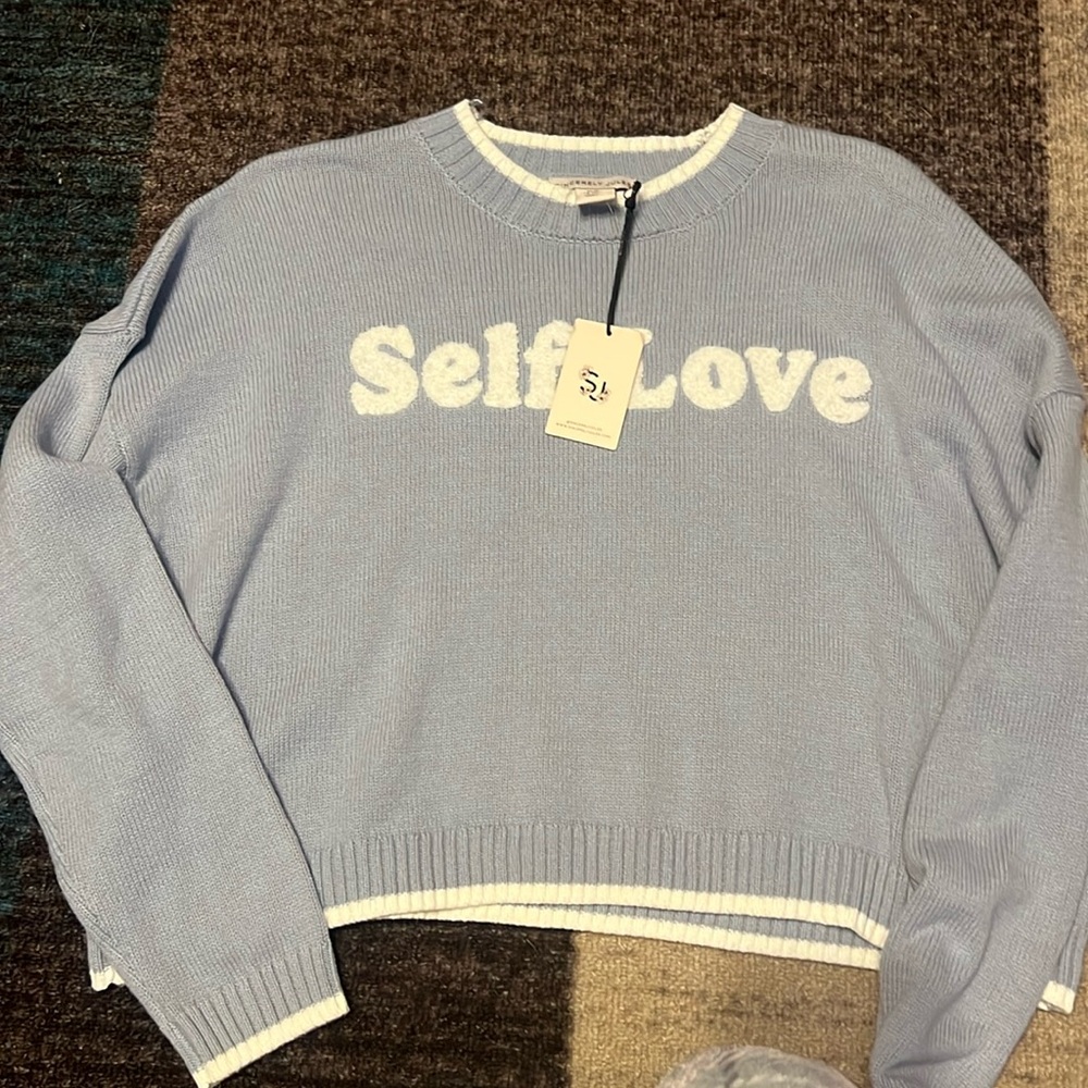 Sincerely Jules SELF LOVE  Light Blue and White Medium Sweater